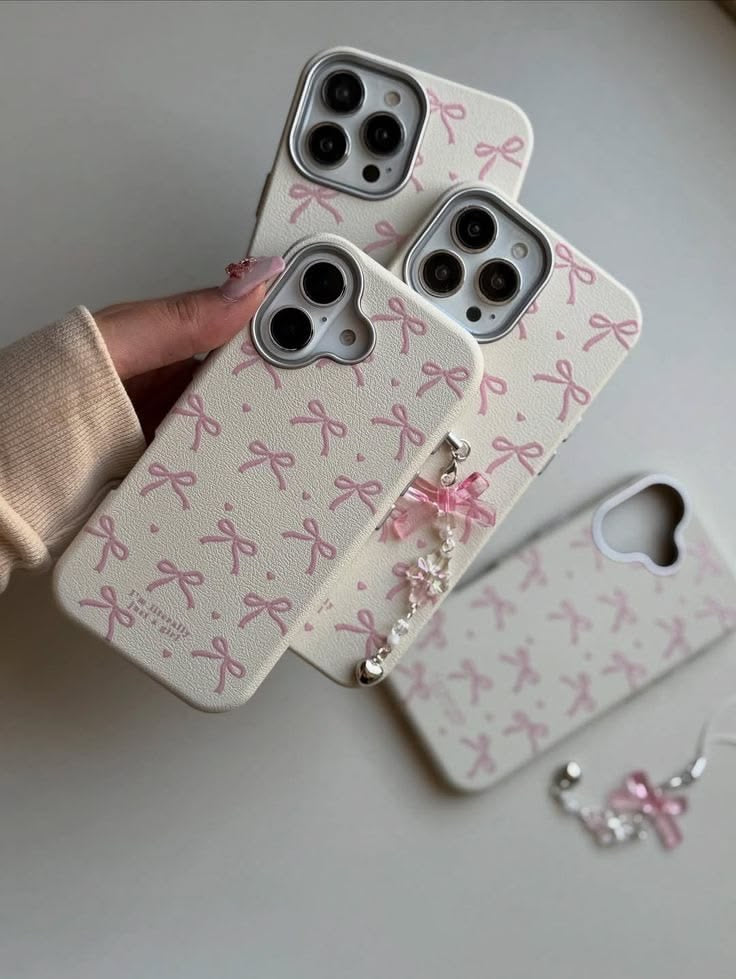 Pink Bow Coquette Leather iPhone Case with Charm