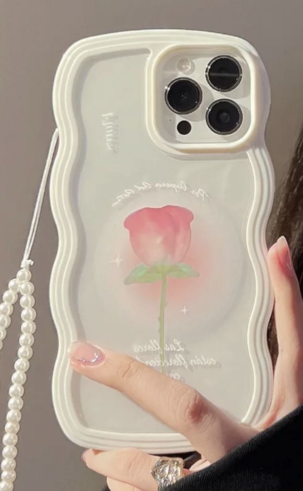 Wavy Rose iPhone Case | White Aesthetic Cover with Pearl Strap & 3D Camera Protection
