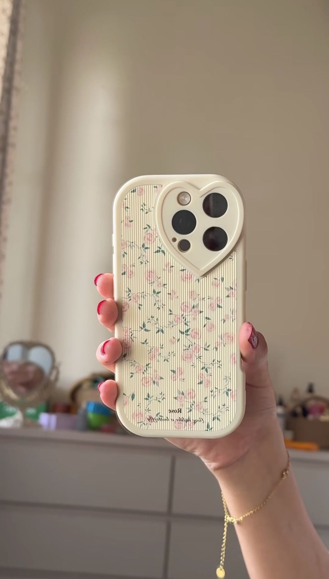 Vintage Rose Heart iPhone Case | Cream Floral Ribbed Aesthetic Phone Cover
