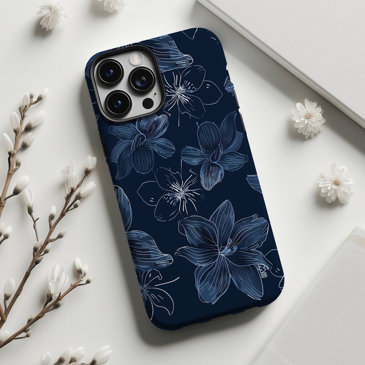 Navy Blue Floral Line Art iPhone Case | Minimal Aesthetic Cover