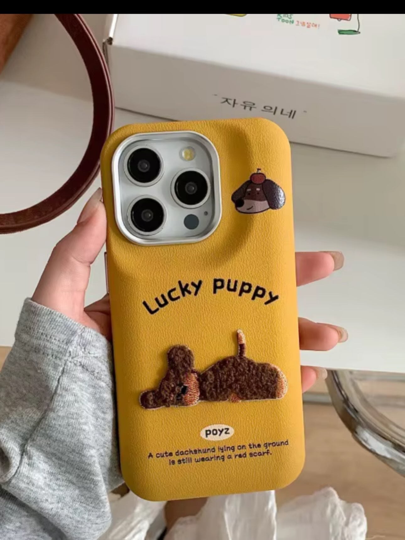 Lucky Puppy Embroidered iPhone Case | Mustard Yellow Leather Dachshund Phone Cover