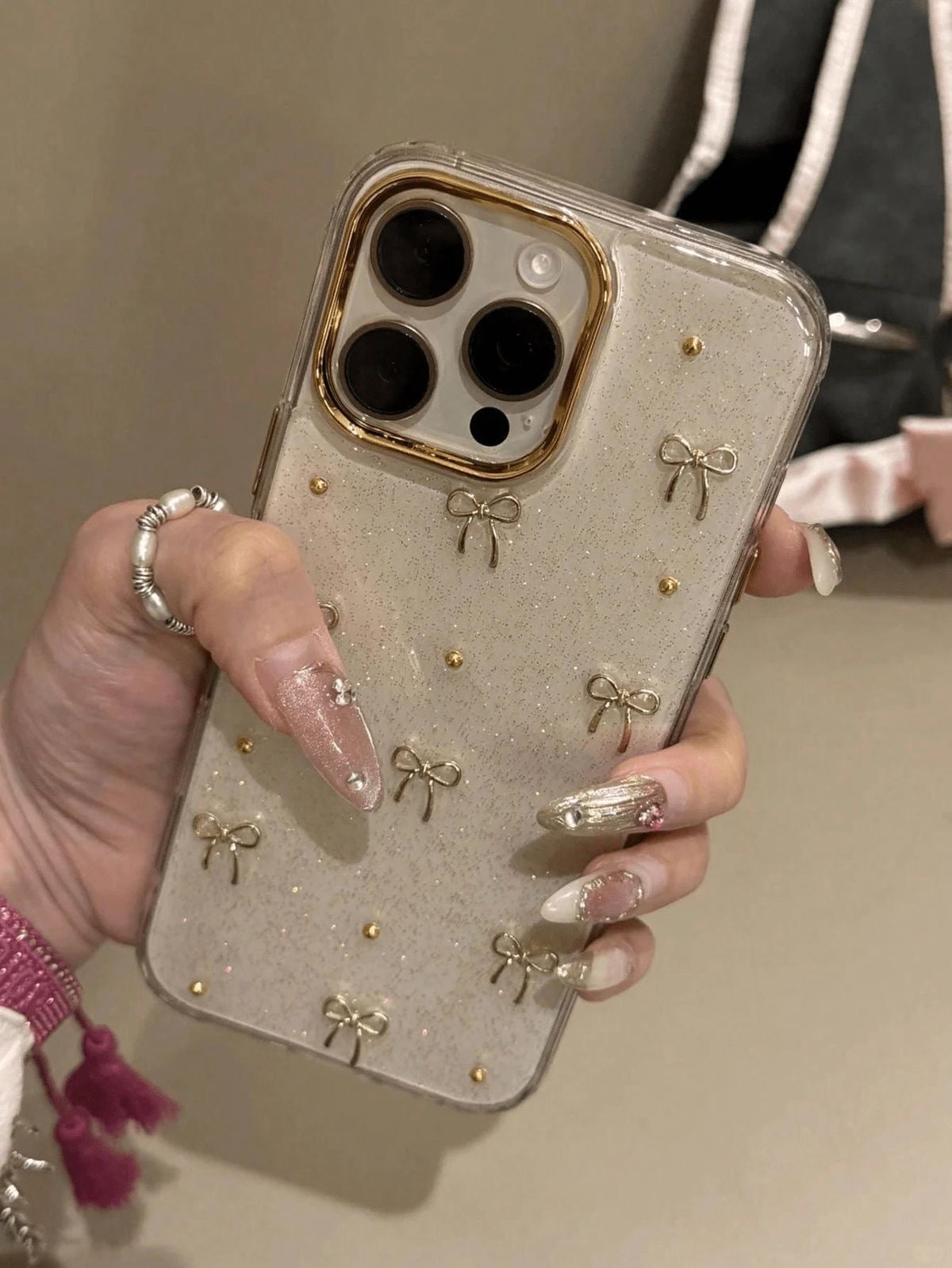 Golden Bow Glitter iPhone Case | Clear 3D Coquette Aesthetic Phone Cover