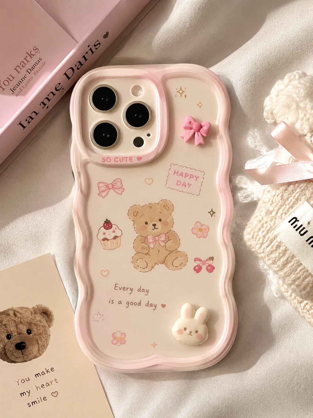 Teddy Bear "Happy Day" iPhone Case | 3D Bow + Bunny Aesthetic Cover