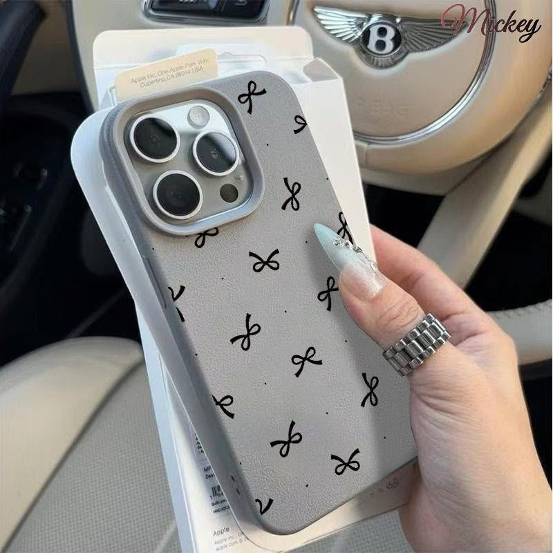 Grey Bow Coquette Leather iPhone Case