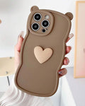 3D Bear Silicone iPhone Case | Brown Teddy Bear Aesthetic Cover with Heart