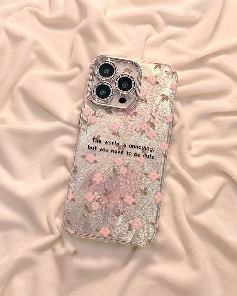 Cute Floral Quote iPhone Case | Holographic Pink Cherry Blossom Aesthetic Cover