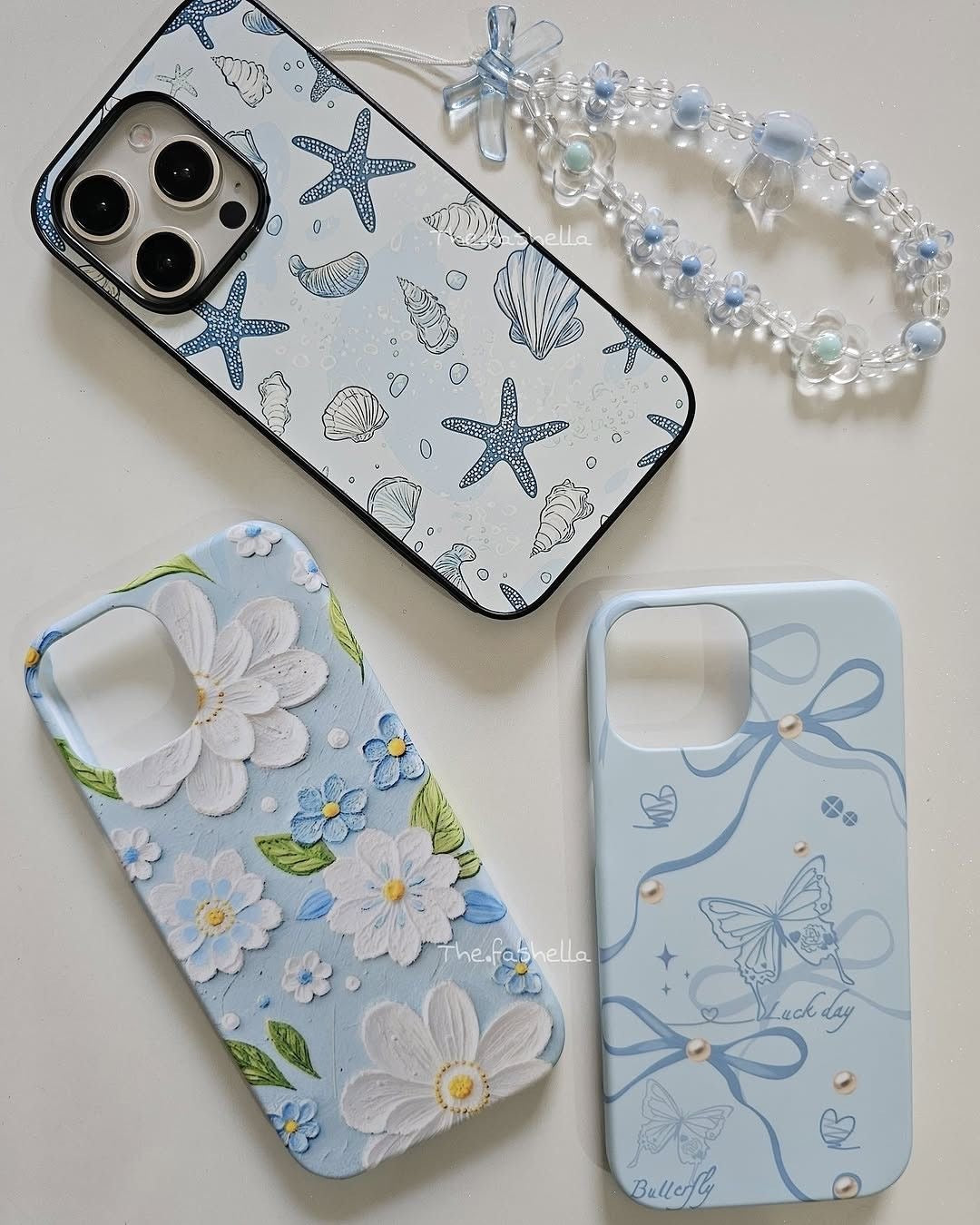 Ocean Shell Starfish iPhone Case | Baby Blue Beach Aesthetic Cover + Beaded Charm