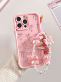 Pink Bow Print iPhone Case | Coquette Cover with Pearl Bow Wrist Strap.