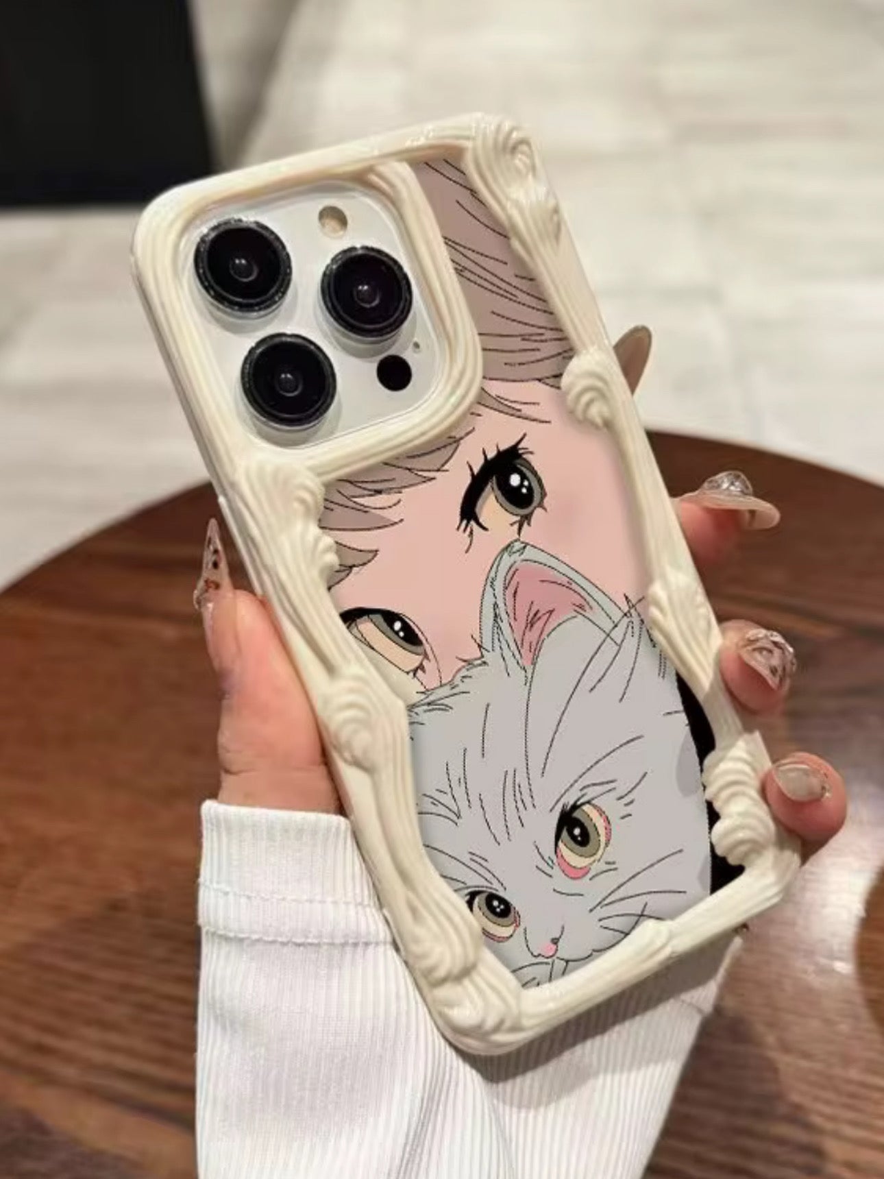 Vintage Anime Girl & Cat iPhone Case | Ornate Frame Art Aesthetic Phone Cover