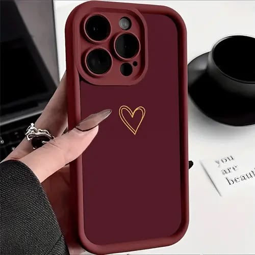 Burgundy Heart iPhone Case | Minimal Liquid Silicone Cover with Gold Heart