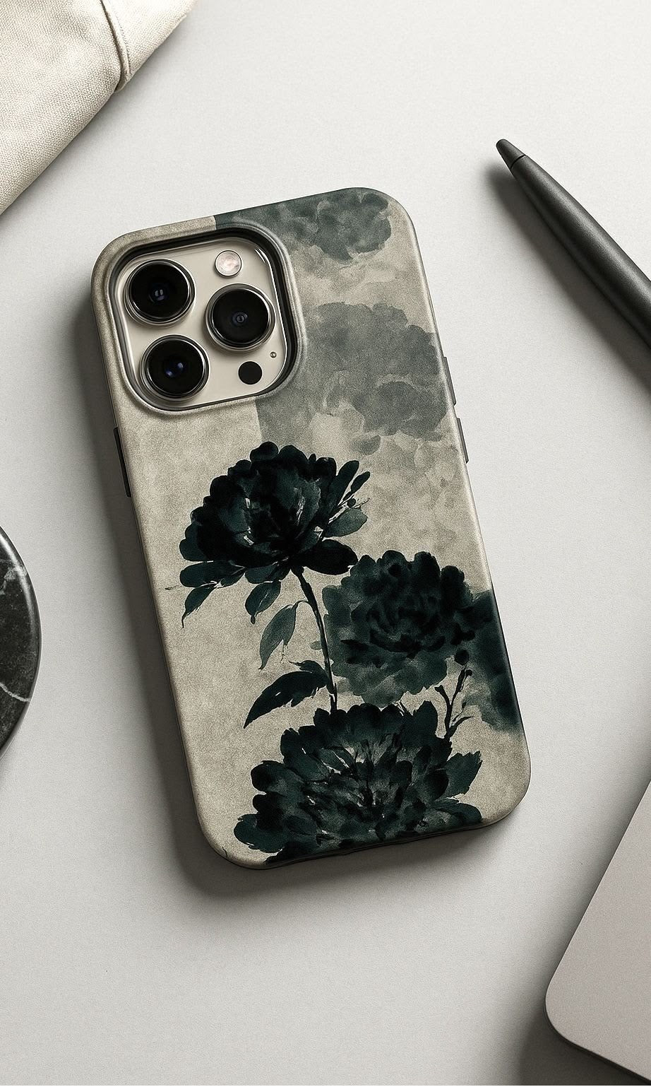 Dark Floral Watercolor iPhone Case | Vintage Ink Painting Aesthetic Cover