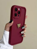 3D Gold Heart Maroon iPhone Case | Luxury Matte Aesthetic Phone Cover