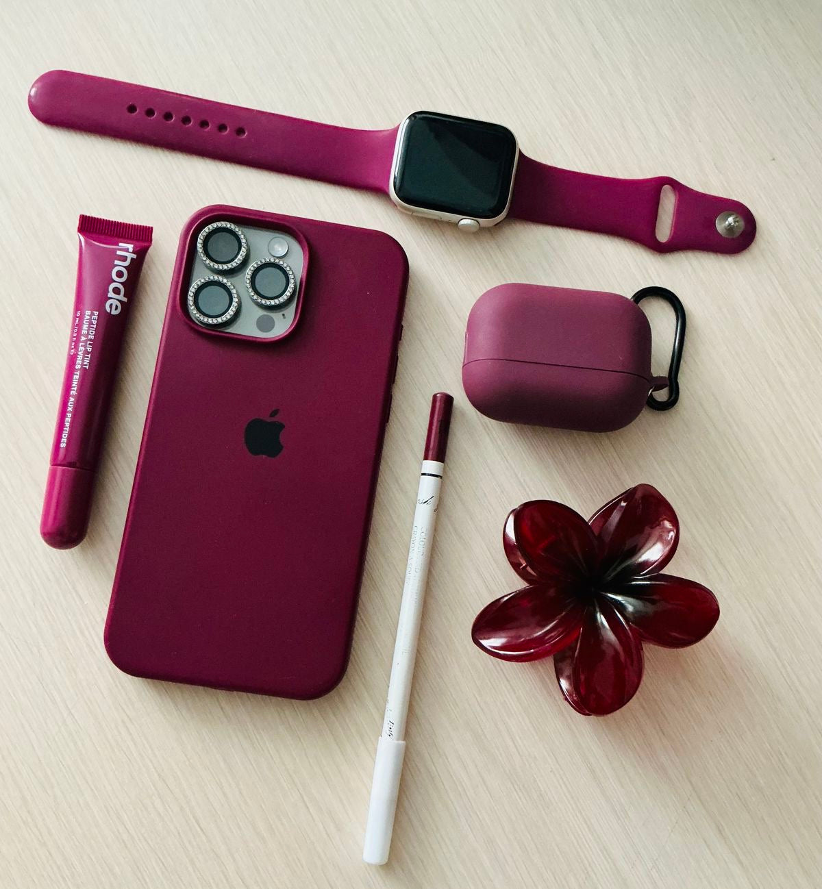 Burgundy Matte Silicone iPhone Case | Soft Touch Cover with Bling Camera Lens