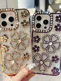 Luxury Diamante Flower iPhone Case | 3D Rhinestone Bling Phone Cover - Gold & Purple
