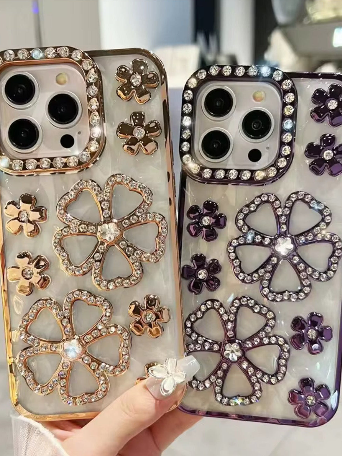 Luxury Diamante Flower iPhone Case | 3D Rhinestone Bling Phone Cover - Gold & Purple