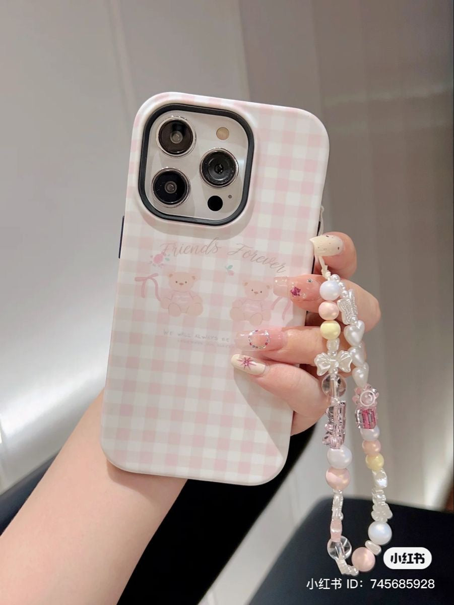 Pink Plaid Teddy Bear iPhone Case with Beaded Charm