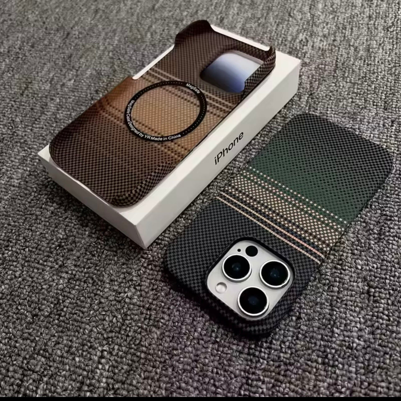 Luxury Carbon Fiber Plaid MagSafe iPhone Case | Brown & Green Checkered Aesthetic Cover
