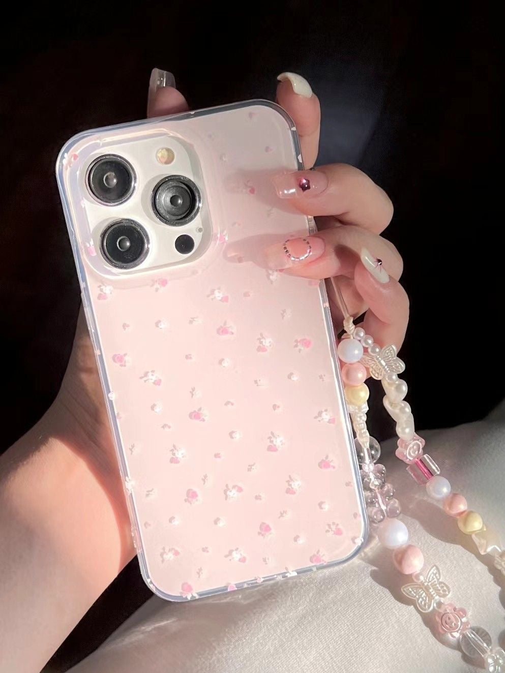 Cute Pink Plaid Teddy iPhone Case with Beaded Wrist Strap