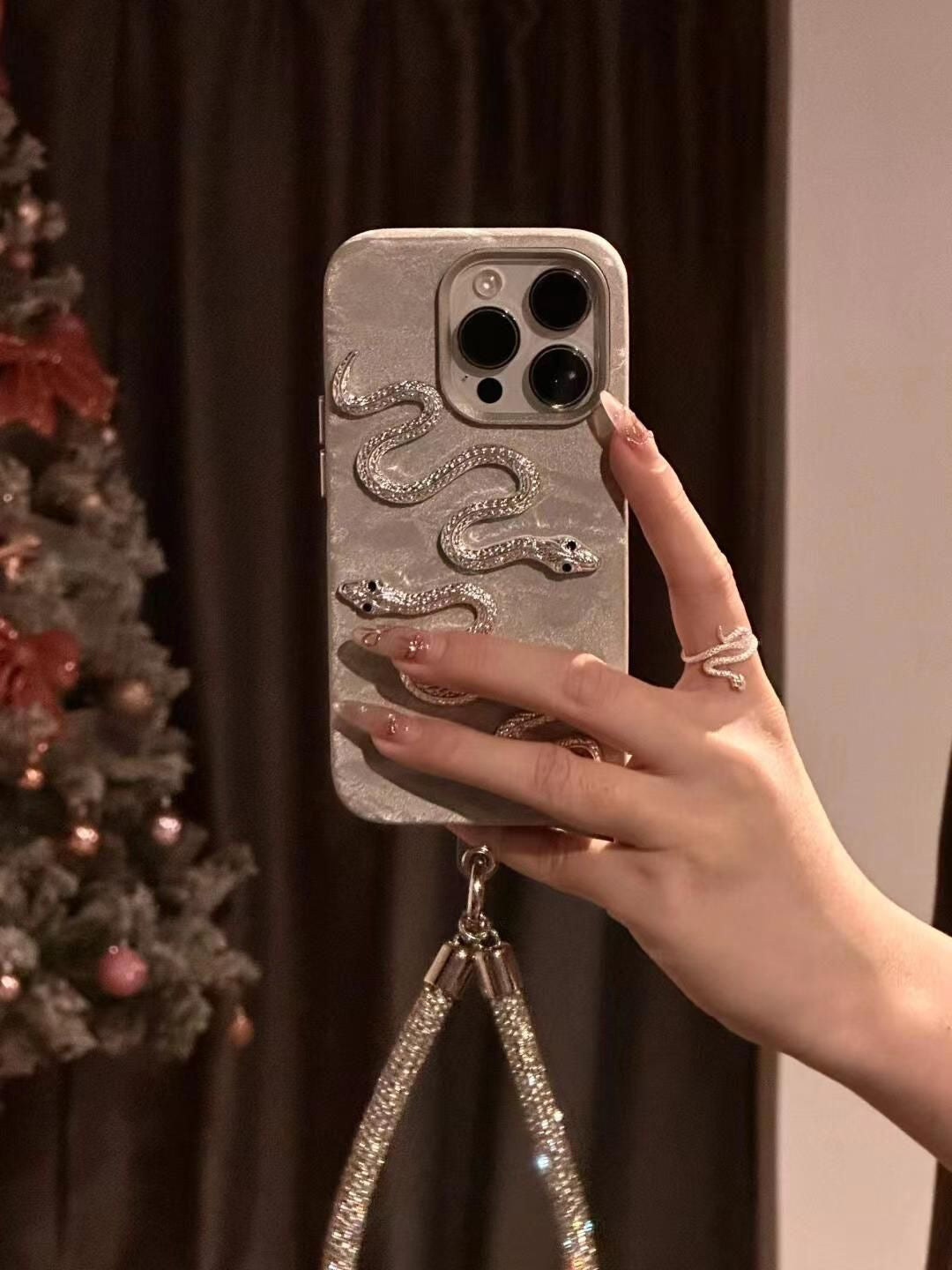 3D Diamante Snake iPhone Case | Silver Bling Luxury Phone Cover with Wrist Strap